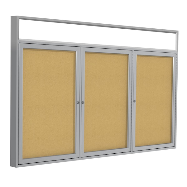 Enclosed Bulletin Board, 3 Door, Cork, Hdlnr Frm, 3 ft H x 6 ft W, Natural